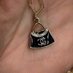 Elegant CC Black and Gold Charm on Paperclip Necklace with Crystal Accents